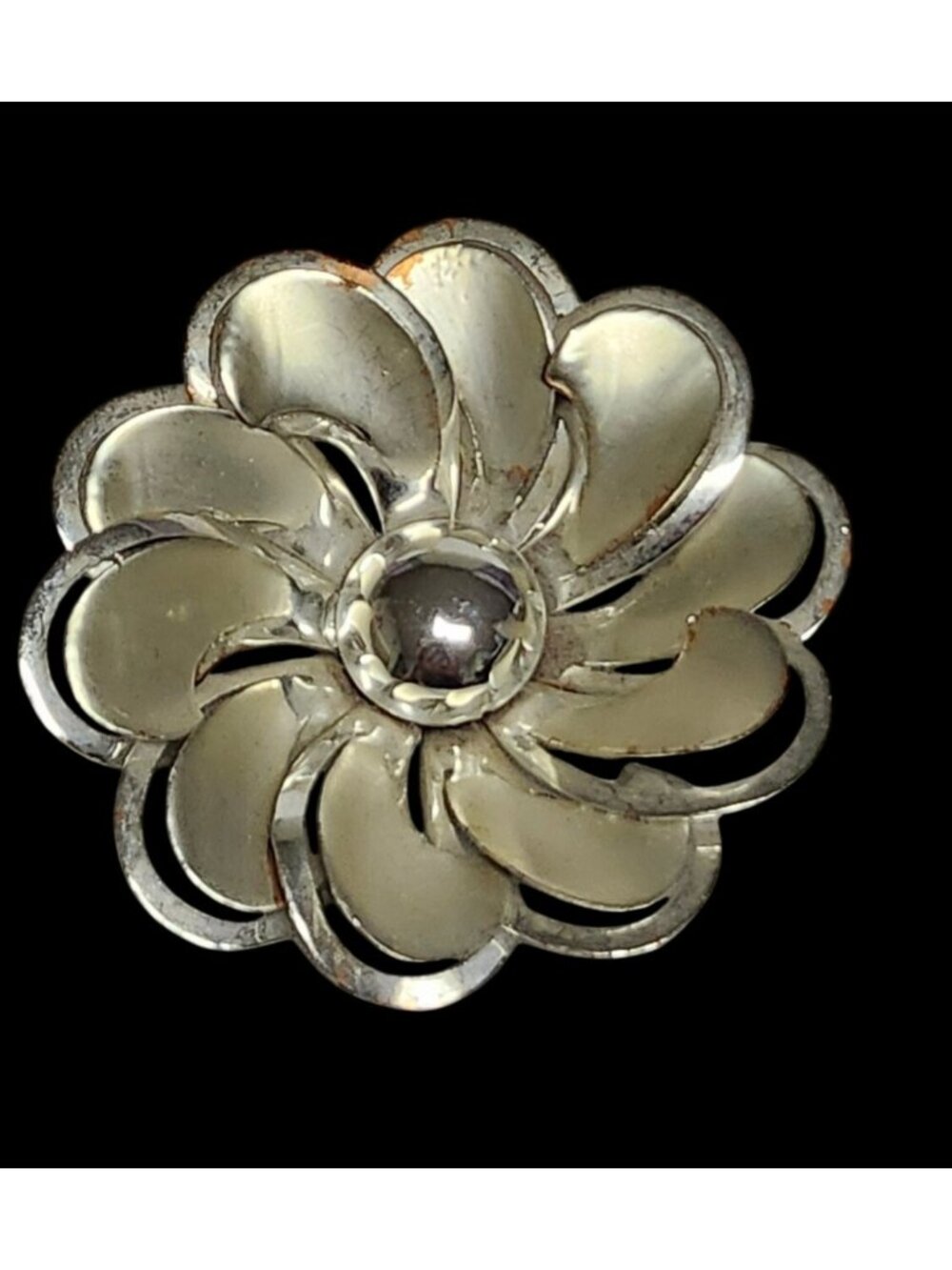 Vintage Brushed Chrome Flower Brooch Pin Pop Art Style Modernist